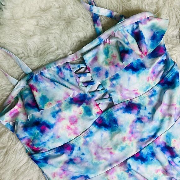 Watercolor ruffled two-piece tank and bikini set swimsuit size XL - Picture 6 of 13